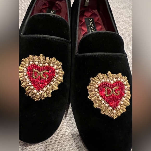NEW Dolce & Gabbana Devotion Heart DG logo black velvet loafers main image 2